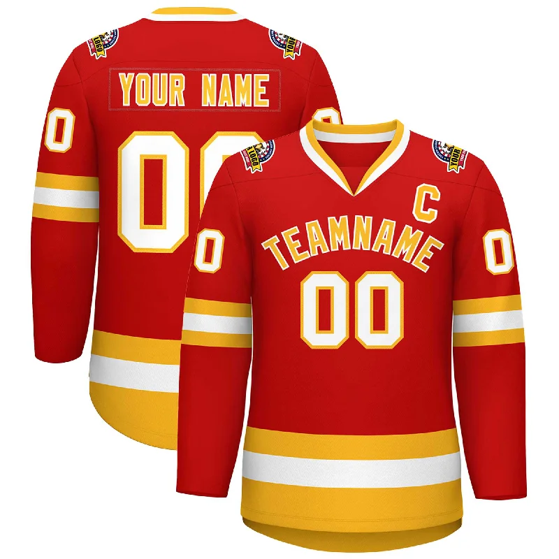 Custom Red Gold-White Classic Style Hockey Jersey Laid