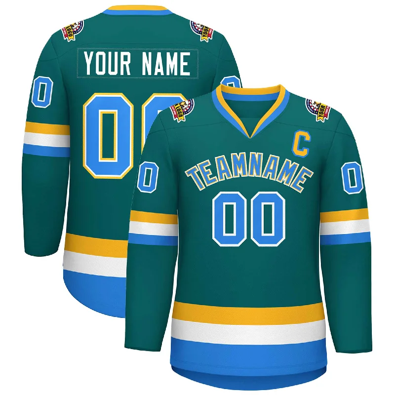 Custom Teal Powder Blue White-Gold Classic Style Hockey Jersey Masculine Men's 